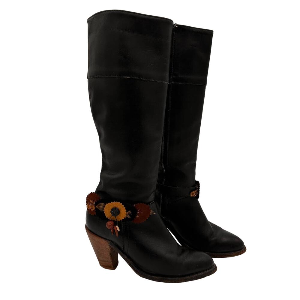 Frye Black Tall Leather Western Boots with Feather Detail Size 6 B